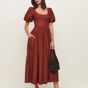 Reformation Everlyn Red Midi Dress with Puff Sleeves